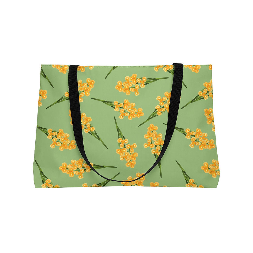 Thumbnail: Iris Grove Tote Bag - Green tote with yellow iris' - side of the bag with the handle down