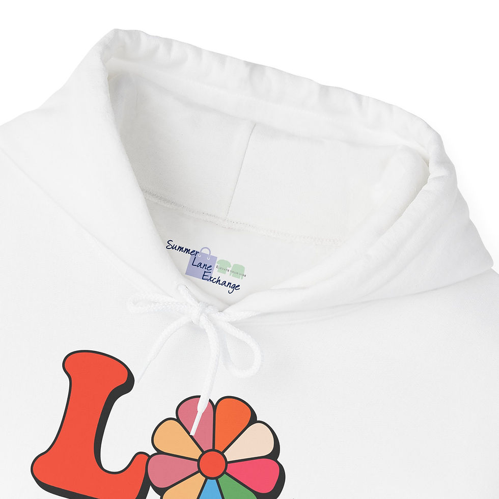 Thumbnail: Hoodie with the word LOVE - White, Front, Close up of the Neck Area