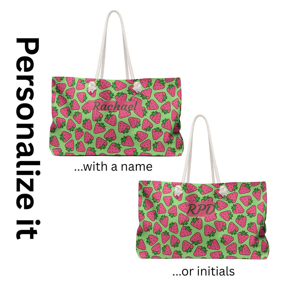 Fresh Strawberry Escape Tote - Weekender Bag - Showing the bag can be personalized