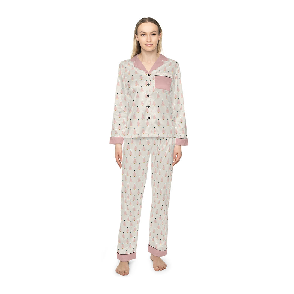 Women's Satin Pajamas, Pink with Trees - Woman wearing, front view