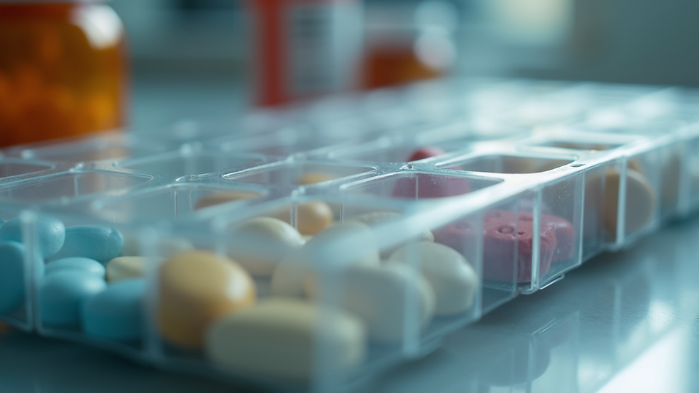 Eye-level view of a pill organizer filled with various medications