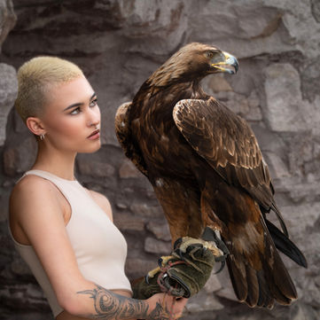 Model Sophia Adebiyi auf Burg Landskorn: Porträtaufnahme in der Adlerarena. Die junge Frau mit blondem Kurzhaarschnitt und Tattoos blickt konzentriert auf einen majestätischen Adler, der auf ihrem falknerischen Handschuh sitzt. Die historische Steinmauer der Burg dient als Filmkulisse im Hintergrund