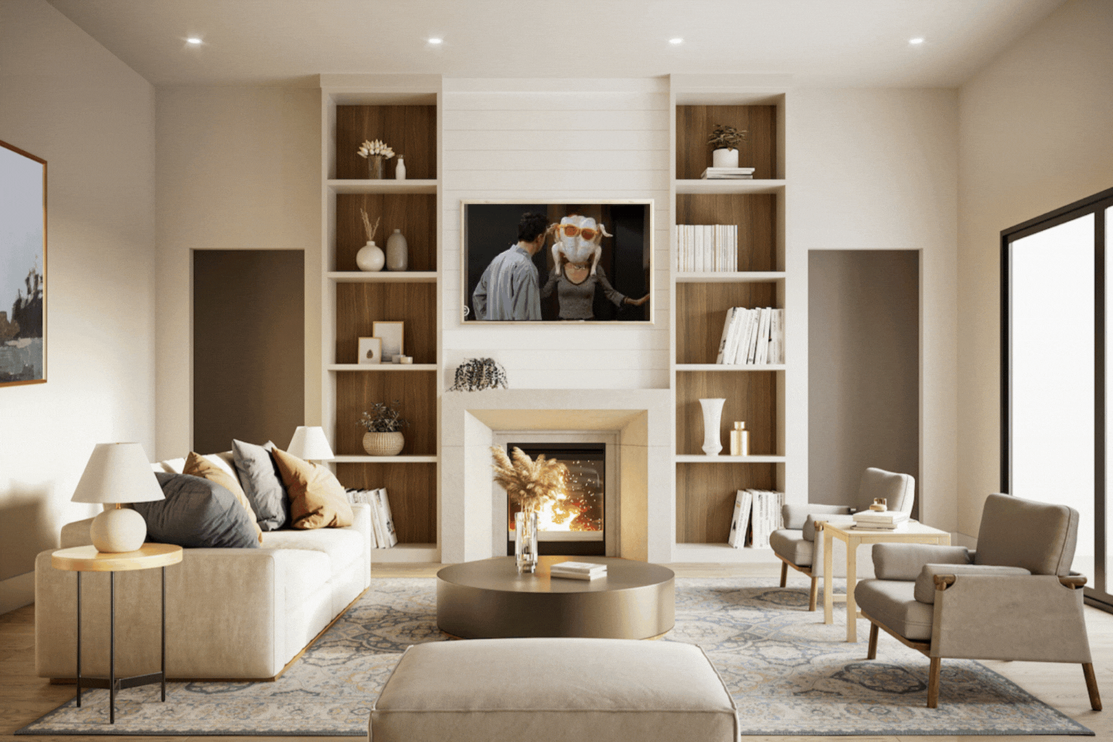 Cozy living room adorned with warm autumn hues, centered around a crackling fireplace. Plush sofas, throw blankets, and plump cushions invite relaxation. A rustic Thanksgiving centerpiece graces the coffee table, surrounded by flickering candles. Sunlight filters through curtains, casting a soft glow on the scene.