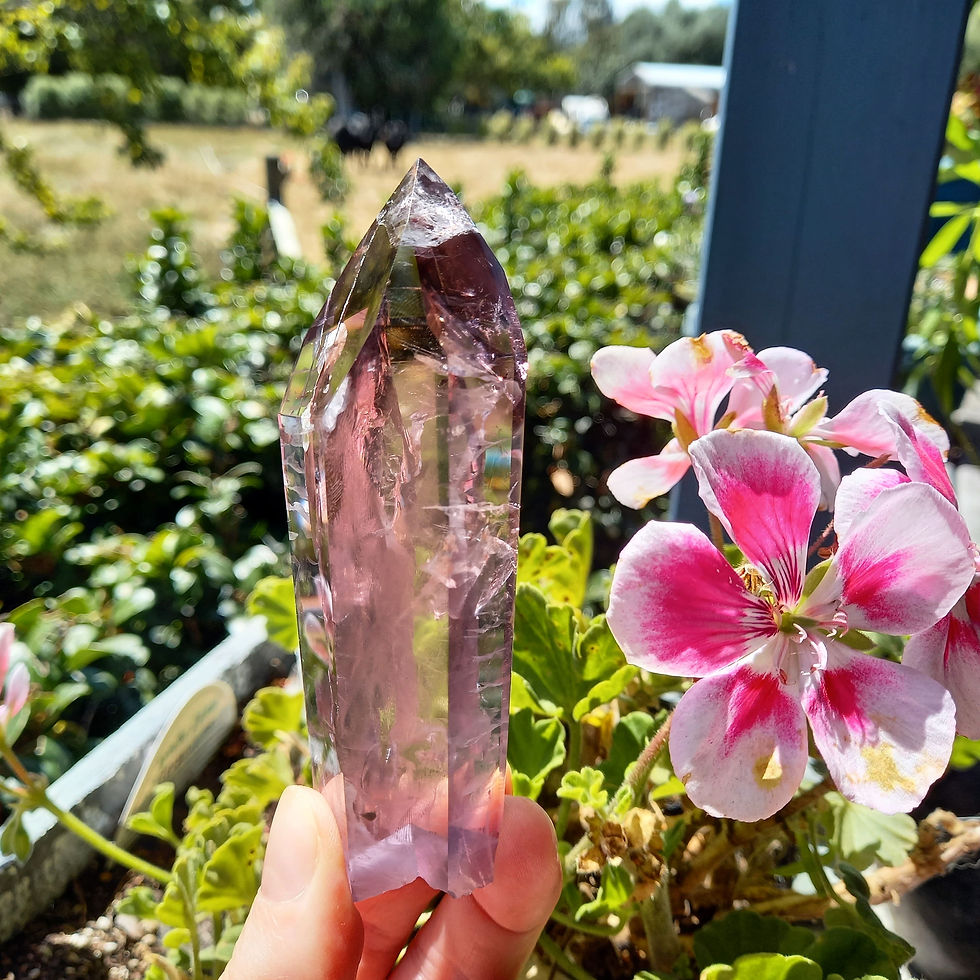 Thumbnail: Amethyst Crystal Wand in a beautiful garden with pink flowers