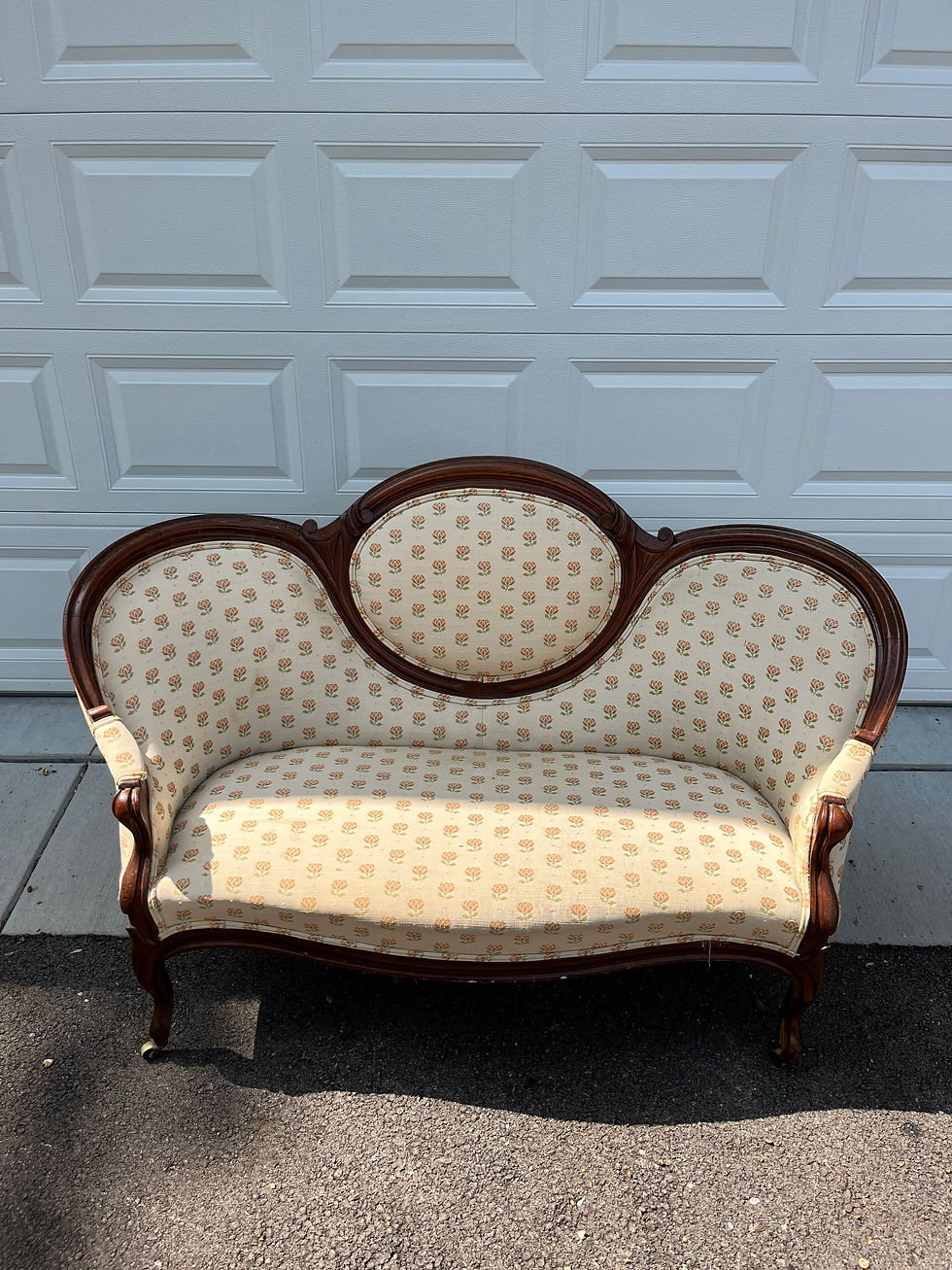 Thumbnail: Victorian Carved Wood Settee with Caster Wheels