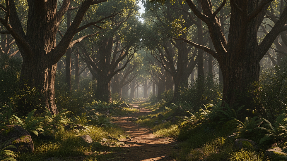 Eye-level view of a forest path surrounded by tall trees