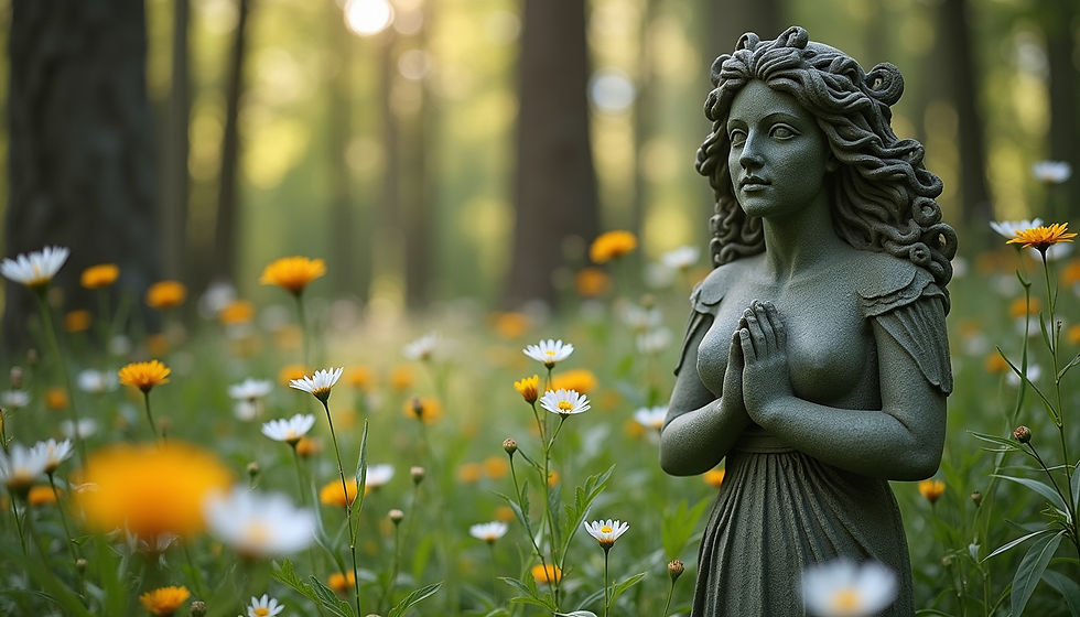 Eye-level view of a carved stone statue of Brighid surrounded by wildflowers