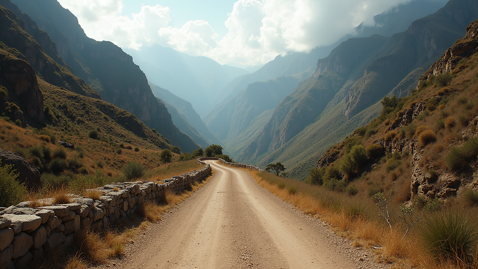 Wide angle view of ancient Inca road winding through mountainous terrain