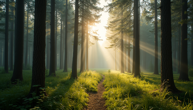 Eye-level view of a serene forest clearing with soft sunlight filtering through tall trees
