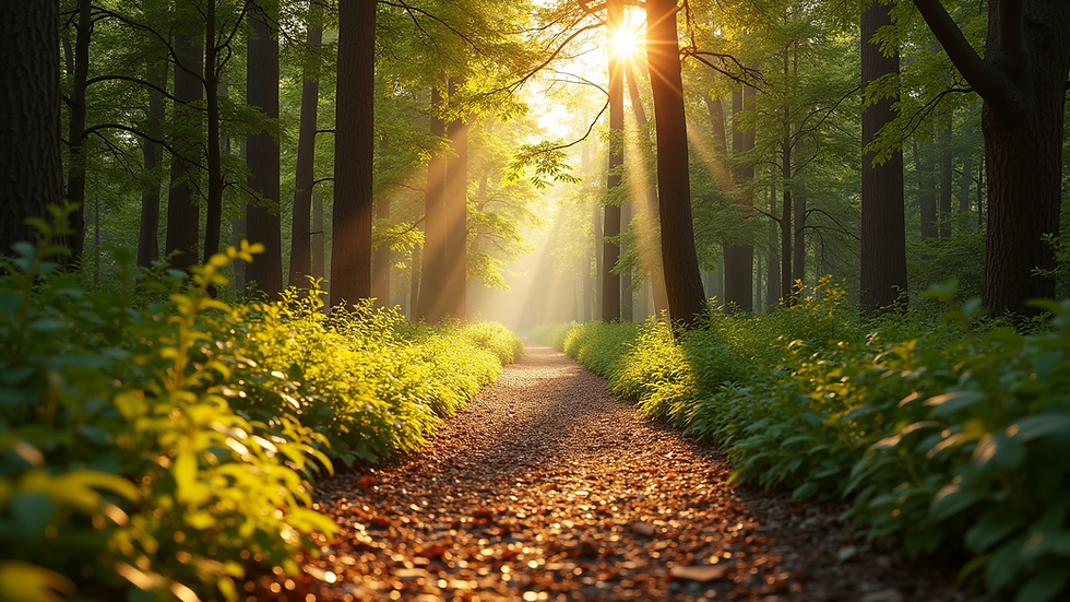 Eye-level view of a serene forest path with sunlight filtering through trees