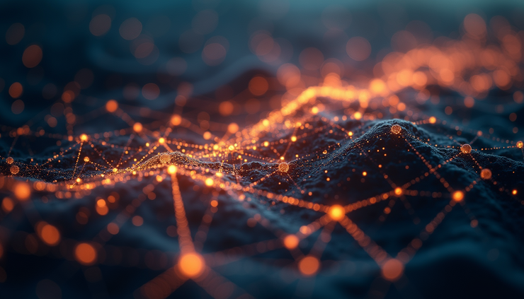 High angle view of a glowing network of interconnected points symbolizing universal connection