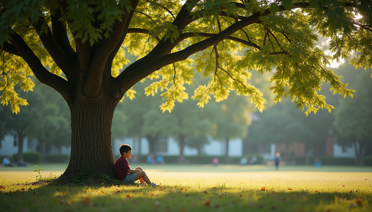 High angle view of a child sitting quietly under a large tree at school