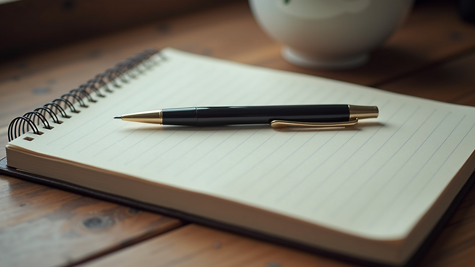 Close-up view of a journal and pen on a wooden table