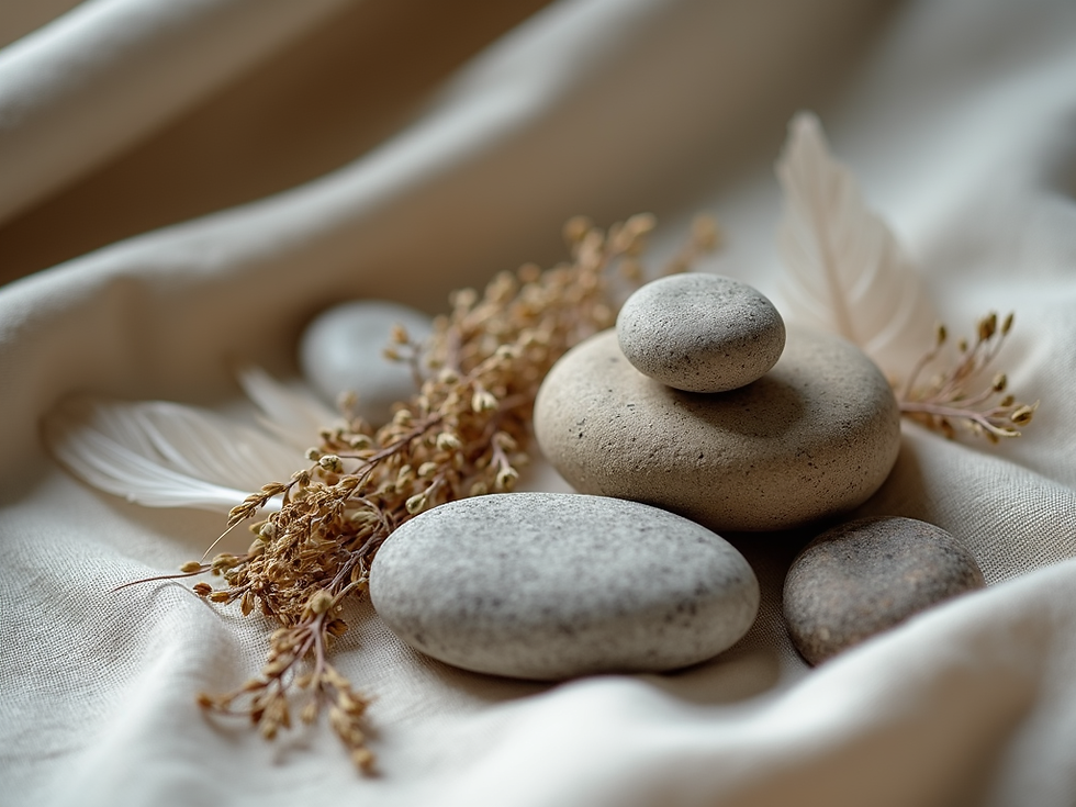 An altar of feathers, plants, and stones