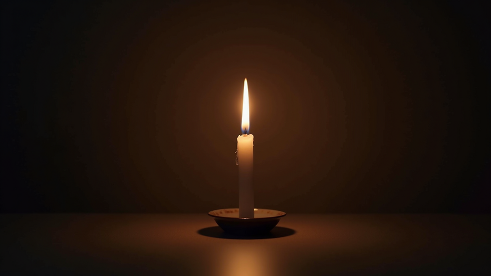 Eye-level view of a single candle burning in a dark room