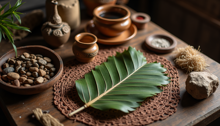 High angle view of an Andean mesa altar with coca leaves, stones, and feathers