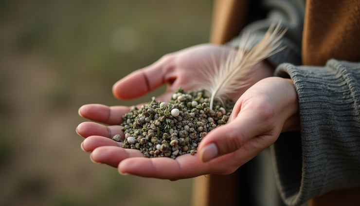 Close-up of a hand holding a bundle of sage and feathers used for smudging in soul retrieval rituals