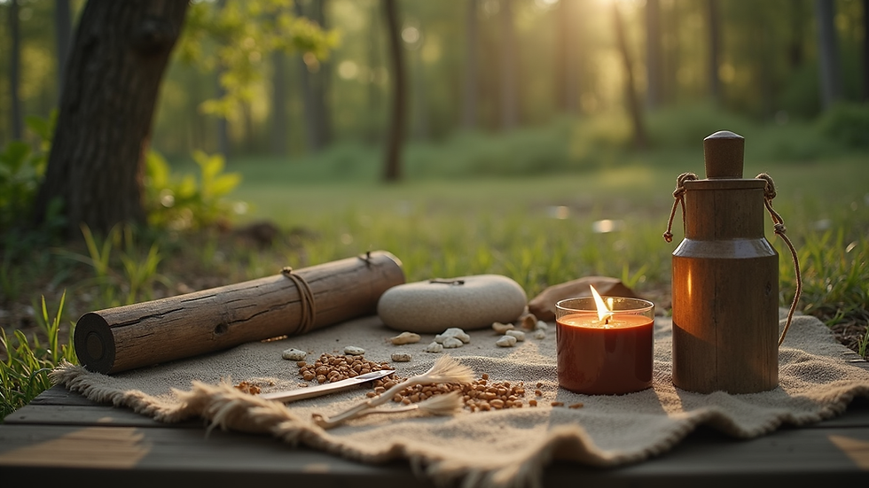 Wide angle view of a peaceful natural setting with shamanic tools laid out