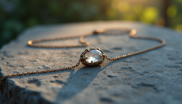 High angle view of a crystal pendant necklace resting on a natural stone surface