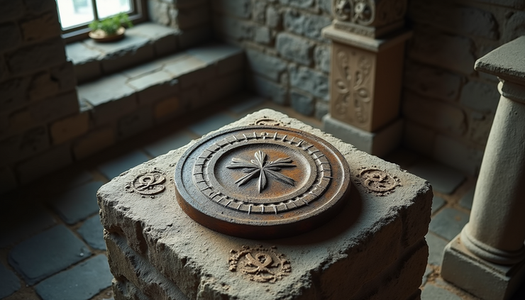 High angle view of a traditional Norse altar with symbols representing goddesses Freyja, Hel, Skaði, and Frigg