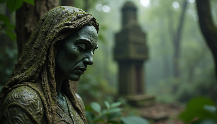 Close-up view of an ancient stone carving depicting a crone figure in a forest setting