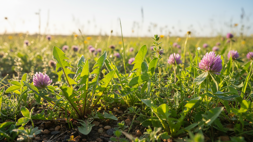 Close-up view of wild herbs growing in a sunlit meadow