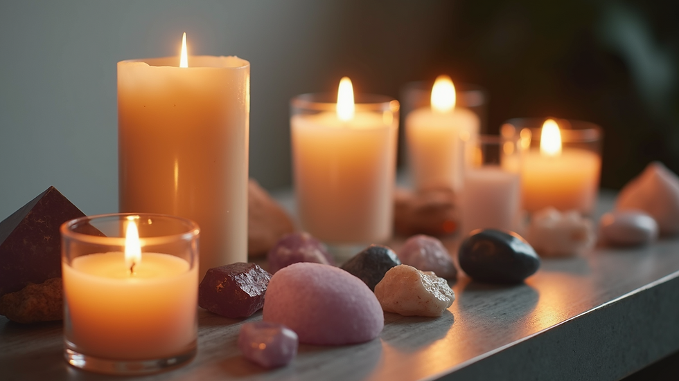 Close-up view of a meditation altar with candles and crystals