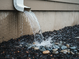Water overflowing from a downspout and pooling beside a home during rainfall