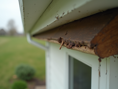 Old clogged gutter compared with a new seamless gutter replacement on a Wisconsin home