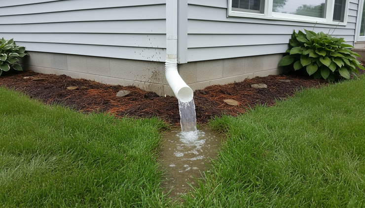 Eye-level view of a downspout extension carrying rainwater away from a home.