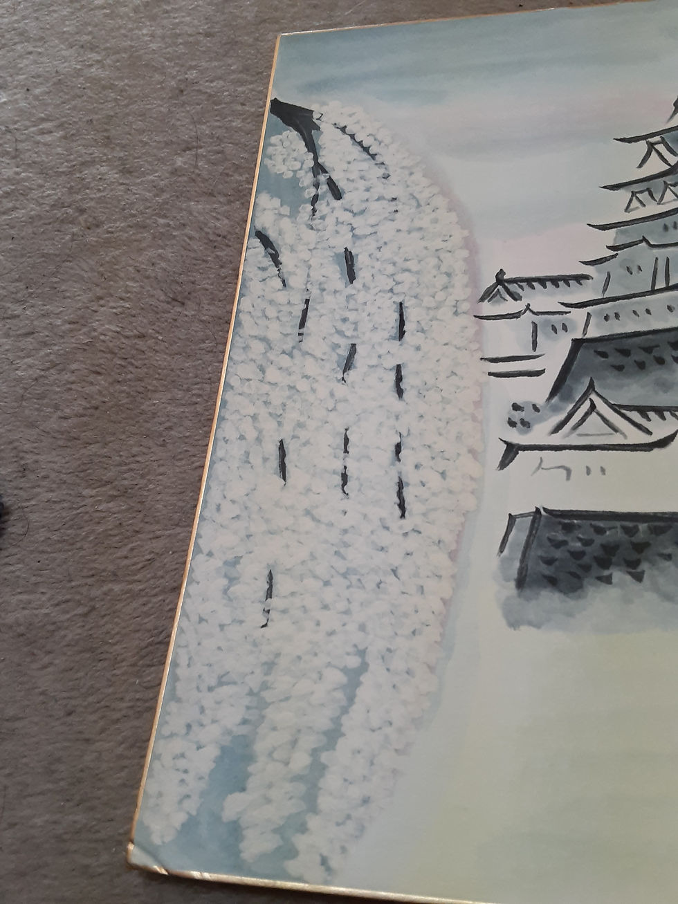 サムネイル： 名古屋城と桜の水彩画の色紙