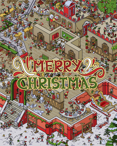 Isometric illustration of Santa Claus' workshop, with lots of elves having fun, in seek and find style.