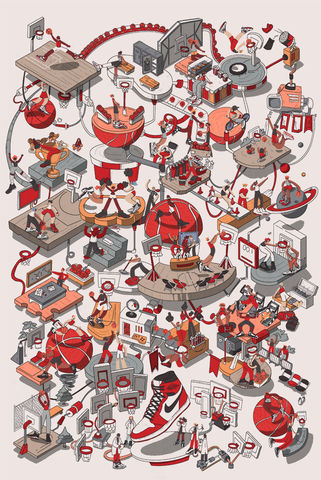 Isometric search and find poster illustration depicting Air Jordan sneakers and basketball scenes