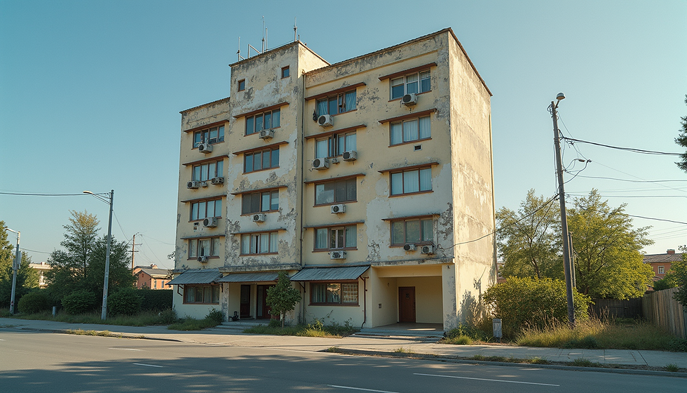 A dated hotel exterior showing potential for renovation and growth