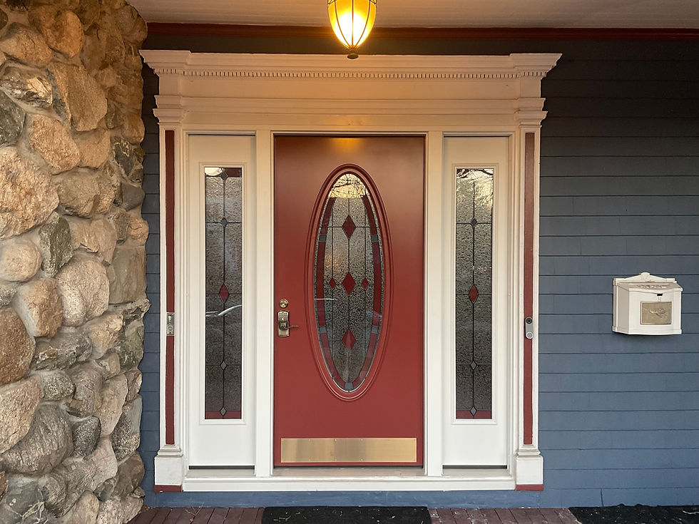 Doors project photo, red entry door with sidelights and stone wall