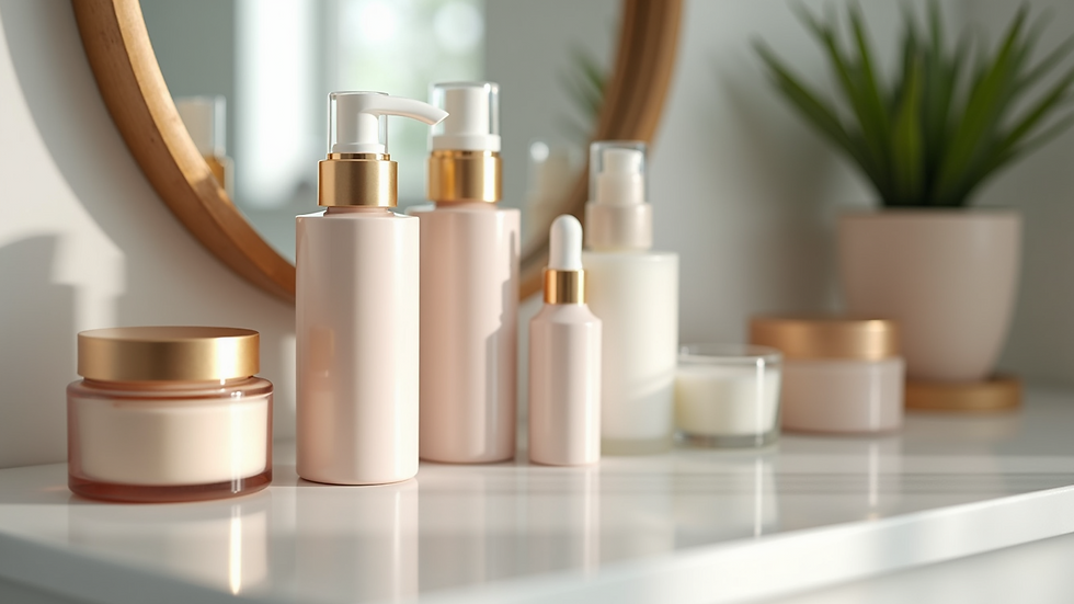 Close-up view of skincare products arranged neatly on a vanity