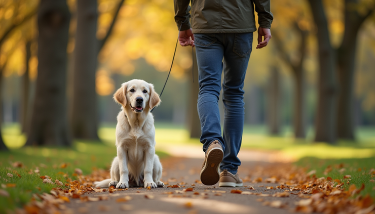 Close-up view of a dog calmly sitting beside its owner during a walk in a park