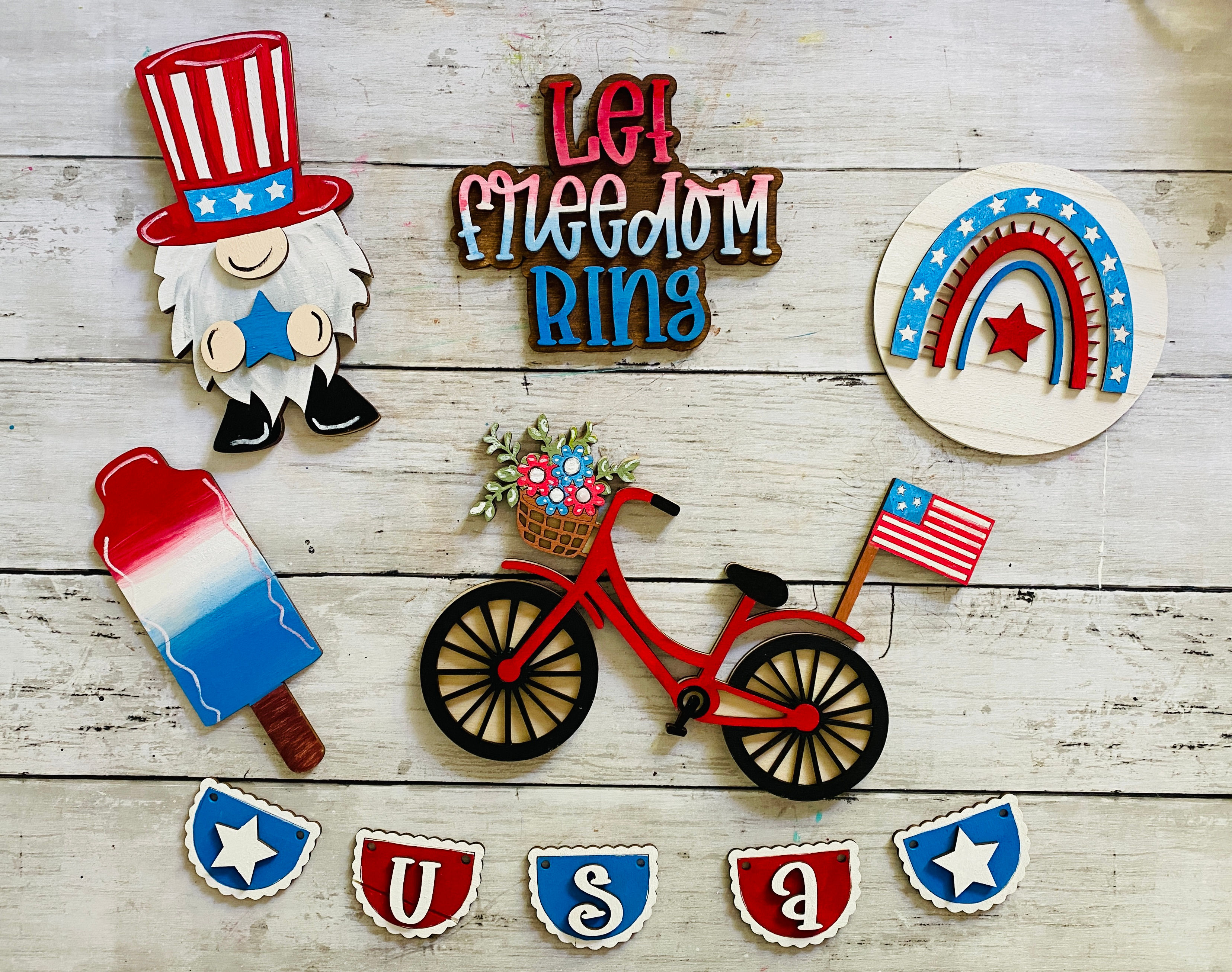 USA Bicycle and Gnome Tiered Tray Set | DIY Blank Kit