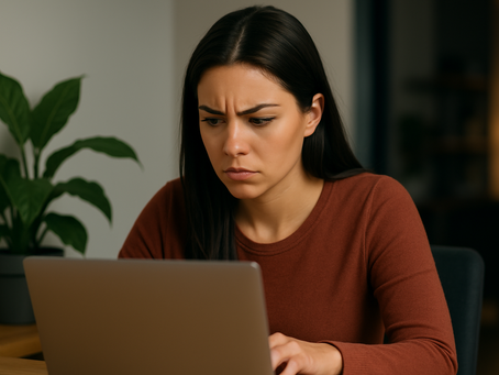 Attractive young woman with long dark brown hair wearing a rust-colored sweater, seated at a wooden desk in a softly lit, minimalist room, intently looking at her laptop screen as she searches online for movers.