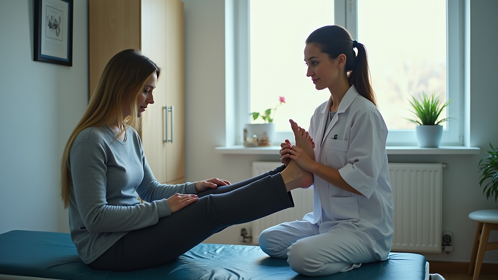 Eye-level view of a physical therapist assisting a patient with leg exercises