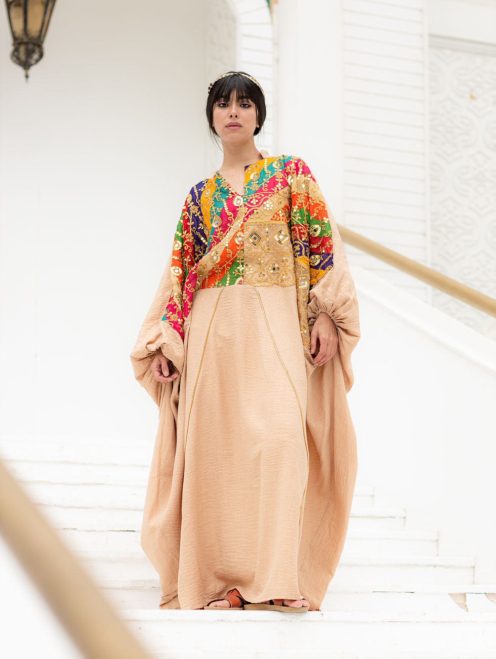 Thumbnail: Farida colored embroidery beige kaftan 