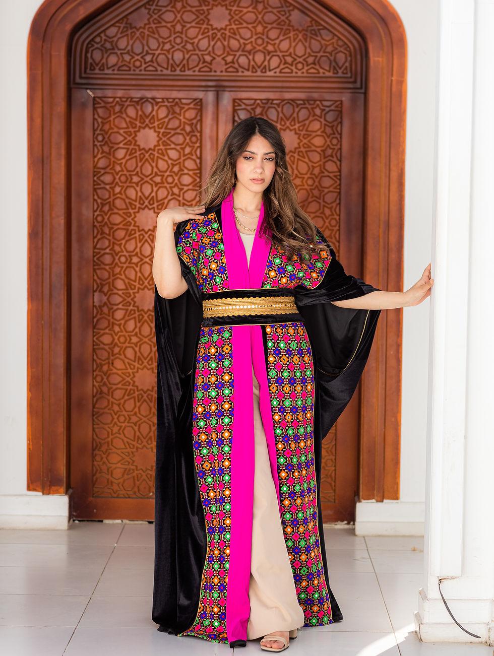 Thumbnail: Malika embroidery mirrored belted open kaftan 