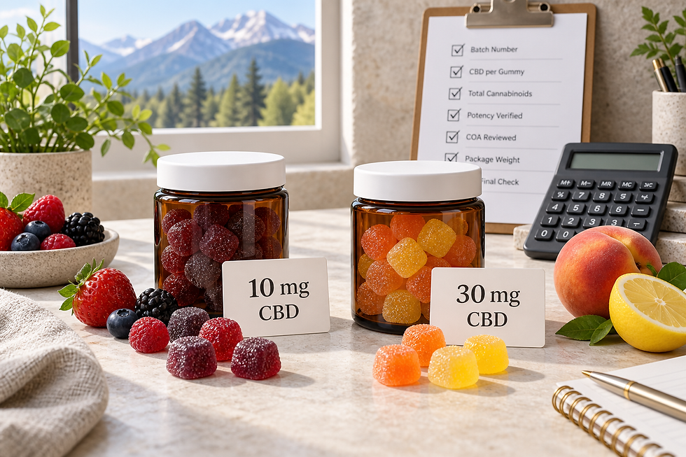 CBD gummy jars beside berries, peach and lemon for a product comparison