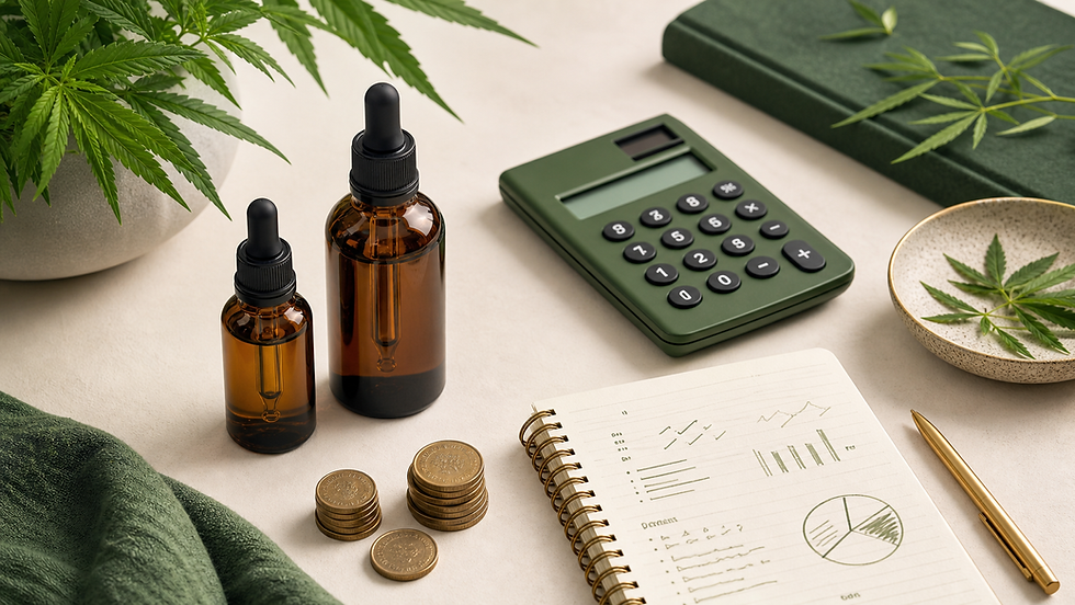 Two amber CBD bottles beside a calculator and comparison notes