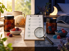 Daytime and nighttime CBD gummies beside mushroom ingredients, a sleep mask and a label checklist
