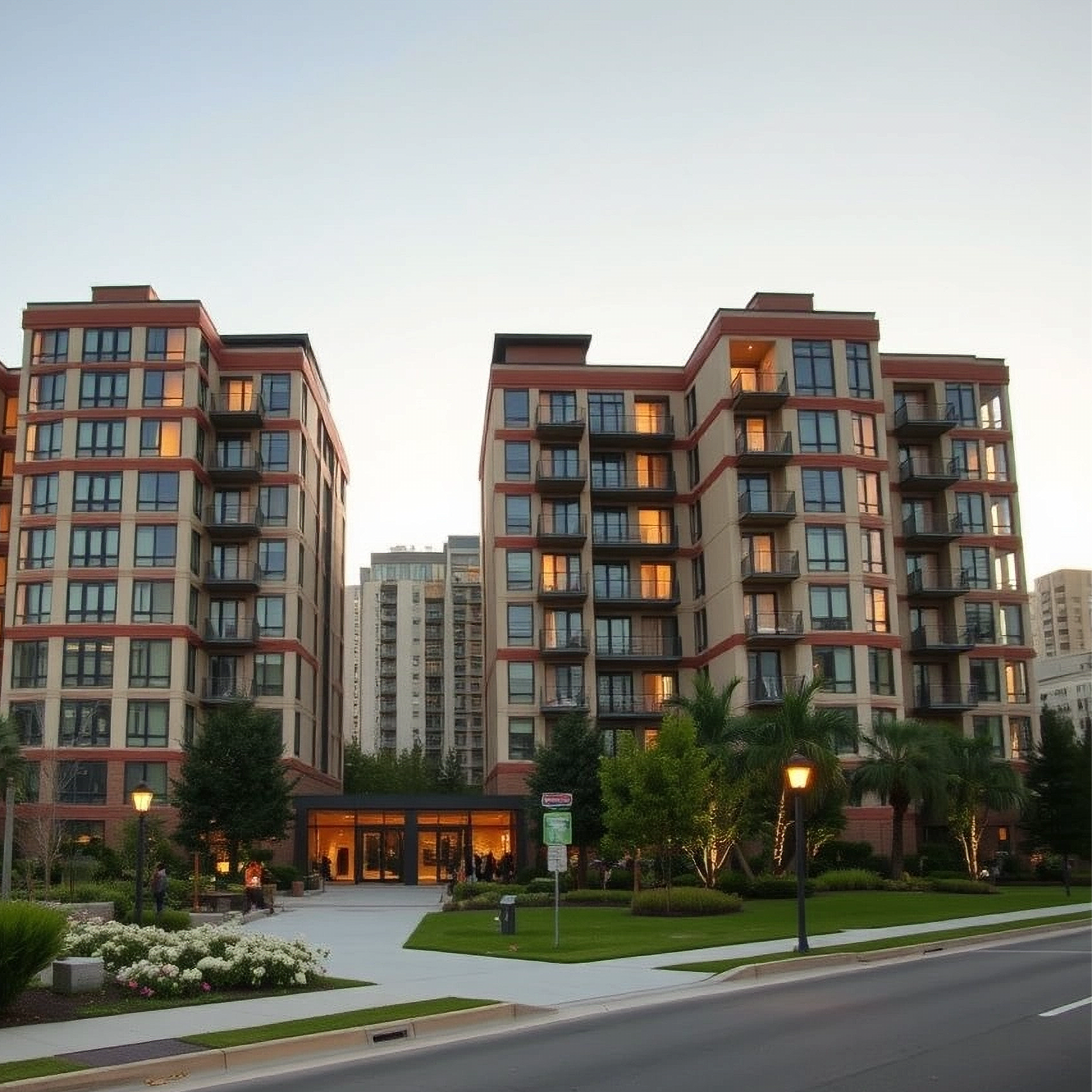 A beautiful, welcoming, modern, urban, mid-rise or high-rise apartment building with lands