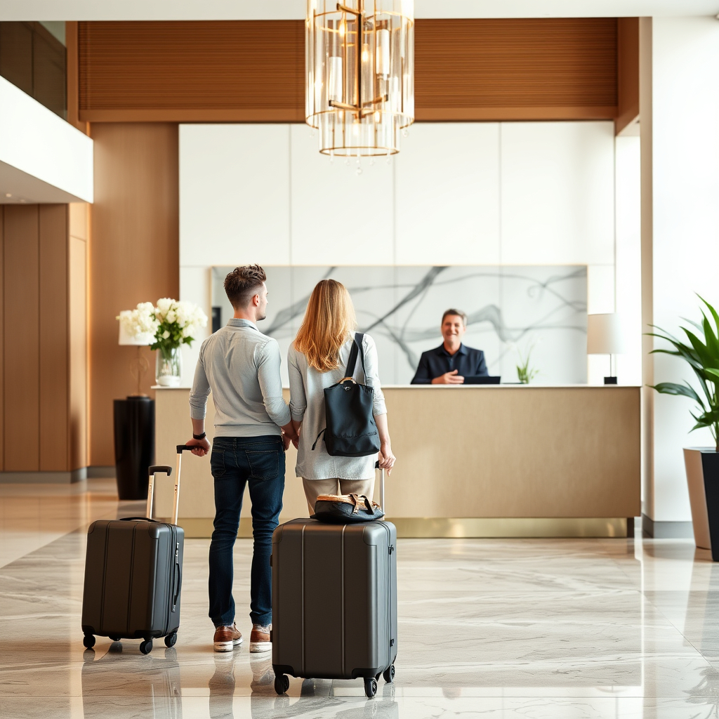 An attractive couple (male and female) in their early 30s checking into a modern luxury ho