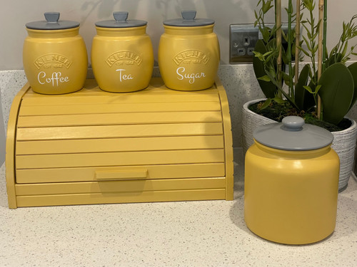 Yellow Tea Coffee Sugar Canister set Biscuit/Cookie jar and Wooden