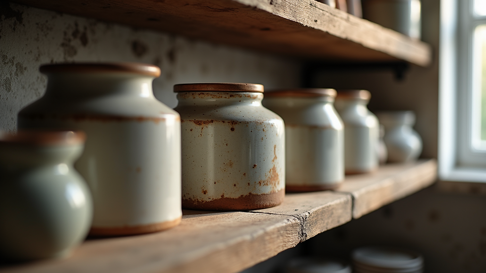 Eye-level view of a rustic kitchen shelf with ceramic jars