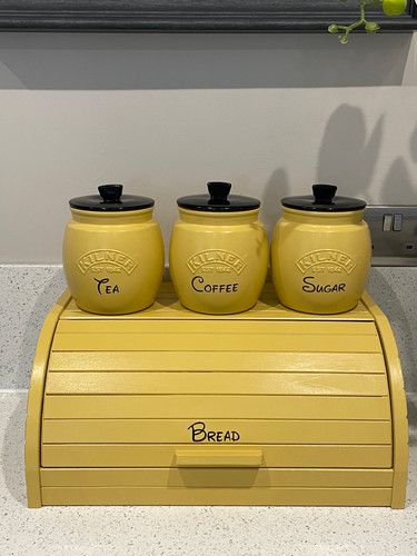 Yellow Tea Coffee Sugar Canisters and Wooden Bread Bin Box